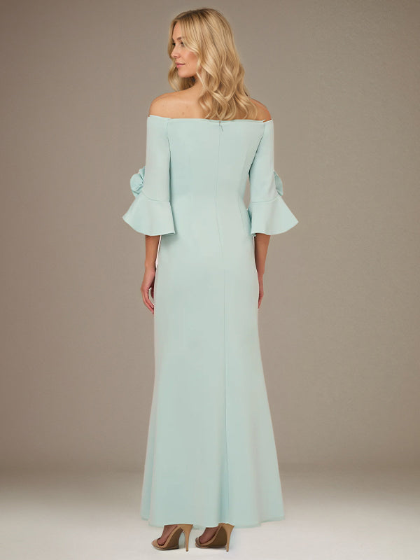 Mint Green A Line Stretch Crepe Off the Shoulder 1/2 Sleeves Ankle Length Dress With Rose