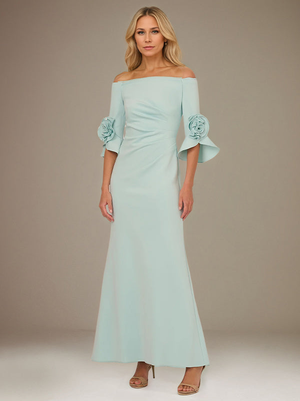 Mint Green A Line Stretch Crepe Off the Shoulder 1/2 Sleeves Ankle Length Dress With Rose