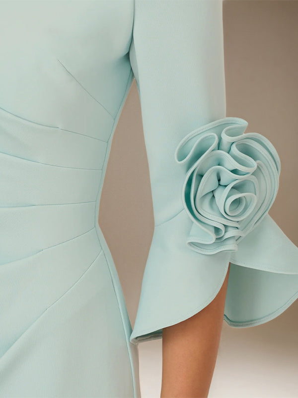 Mint Green A Line Stretch Crepe Off the Shoulder 1/2 Sleeves Ankle Length Dress With Rose