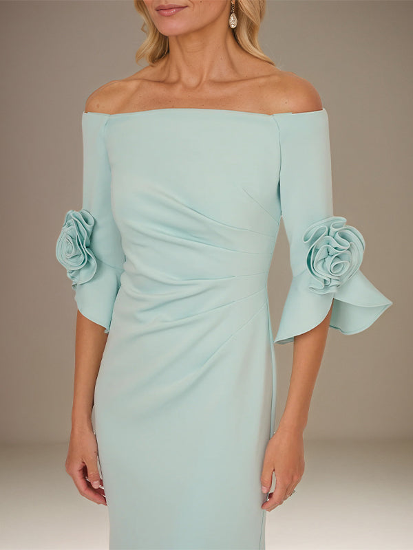 Mint Green A Line Stretch Crepe Off the Shoulder 1/2 Sleeves Ankle Length Dress With Rose
