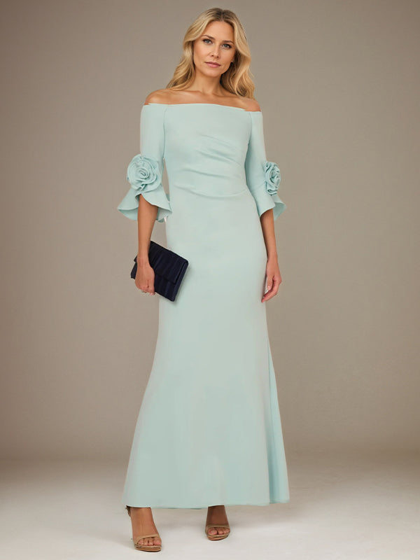 Mint Green A Line Stretch Crepe Off the Shoulder 1/2 Sleeves Ankle Length Dress With Rose