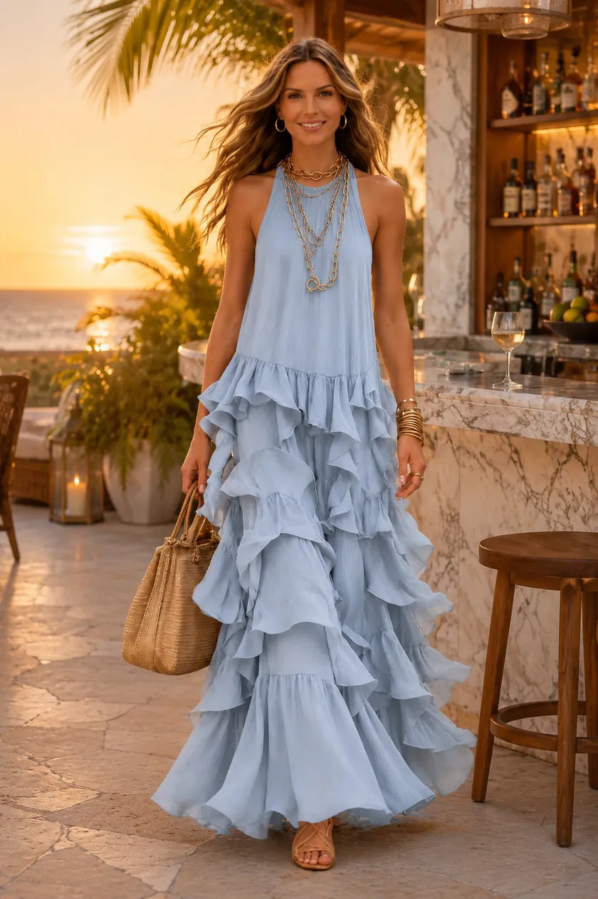 Chiffon A Line Halter Long Cocktail Dresses with Tiered