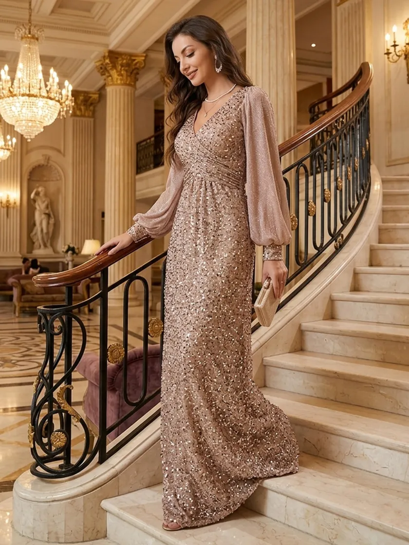 Sequin V Neck A Line Long Evening Dresses