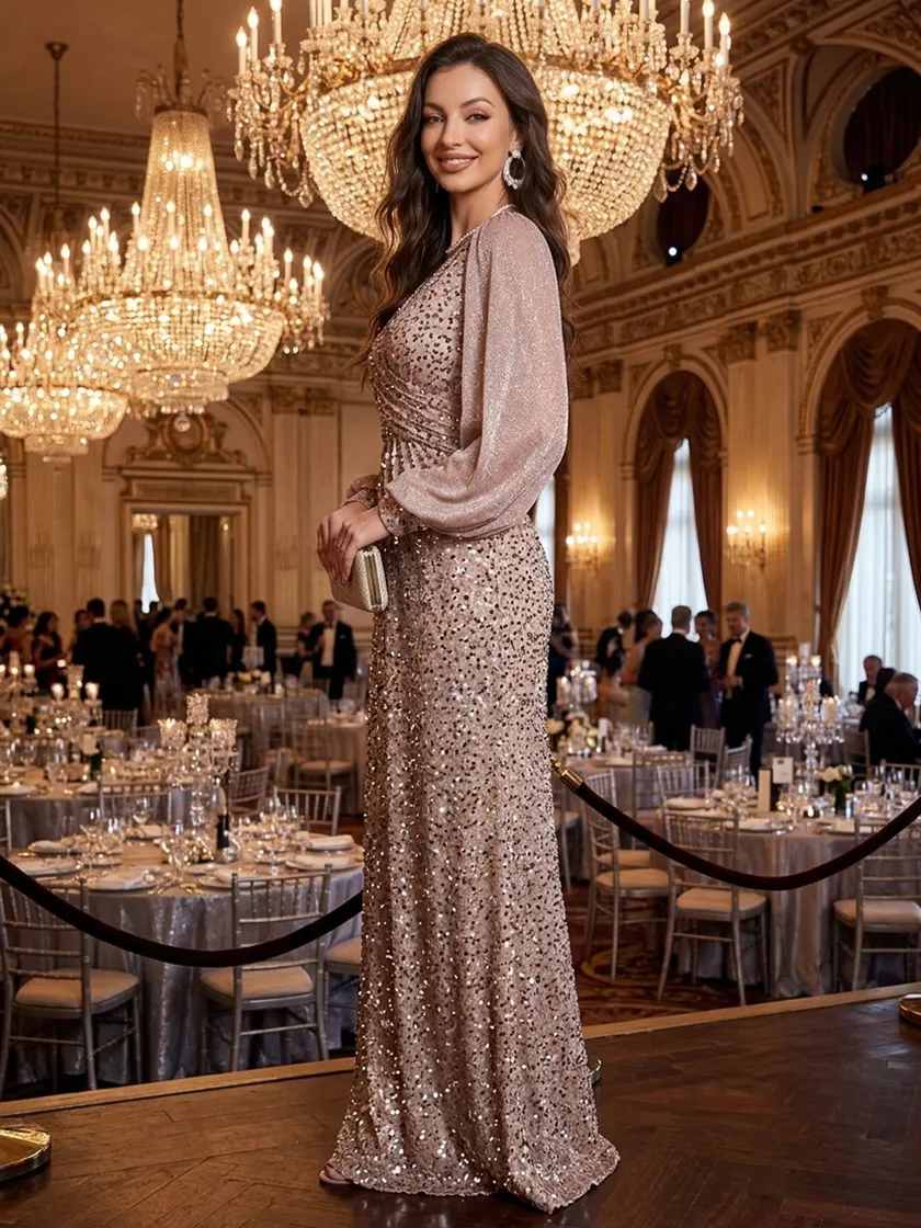 Sequin V Neck A Line Long Evening Dresses