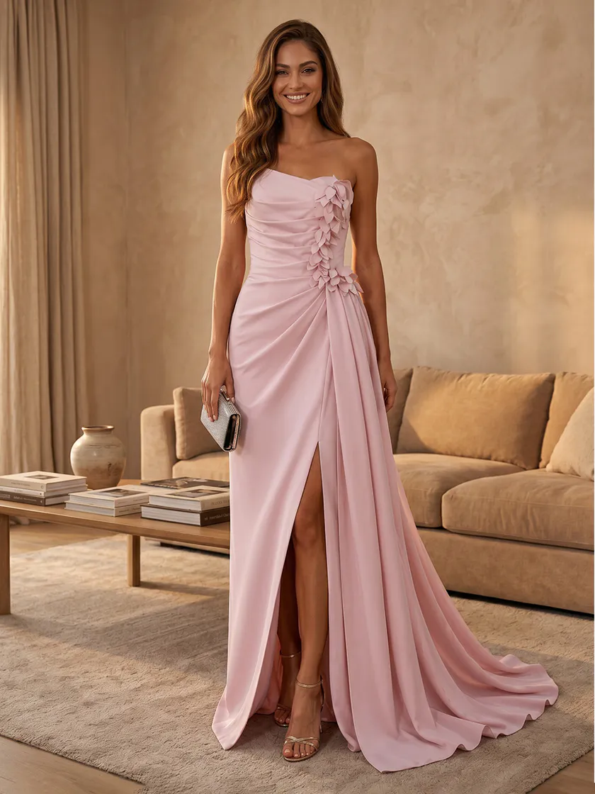Satin Mermaid Strapless Long Evening Dresses with Slit