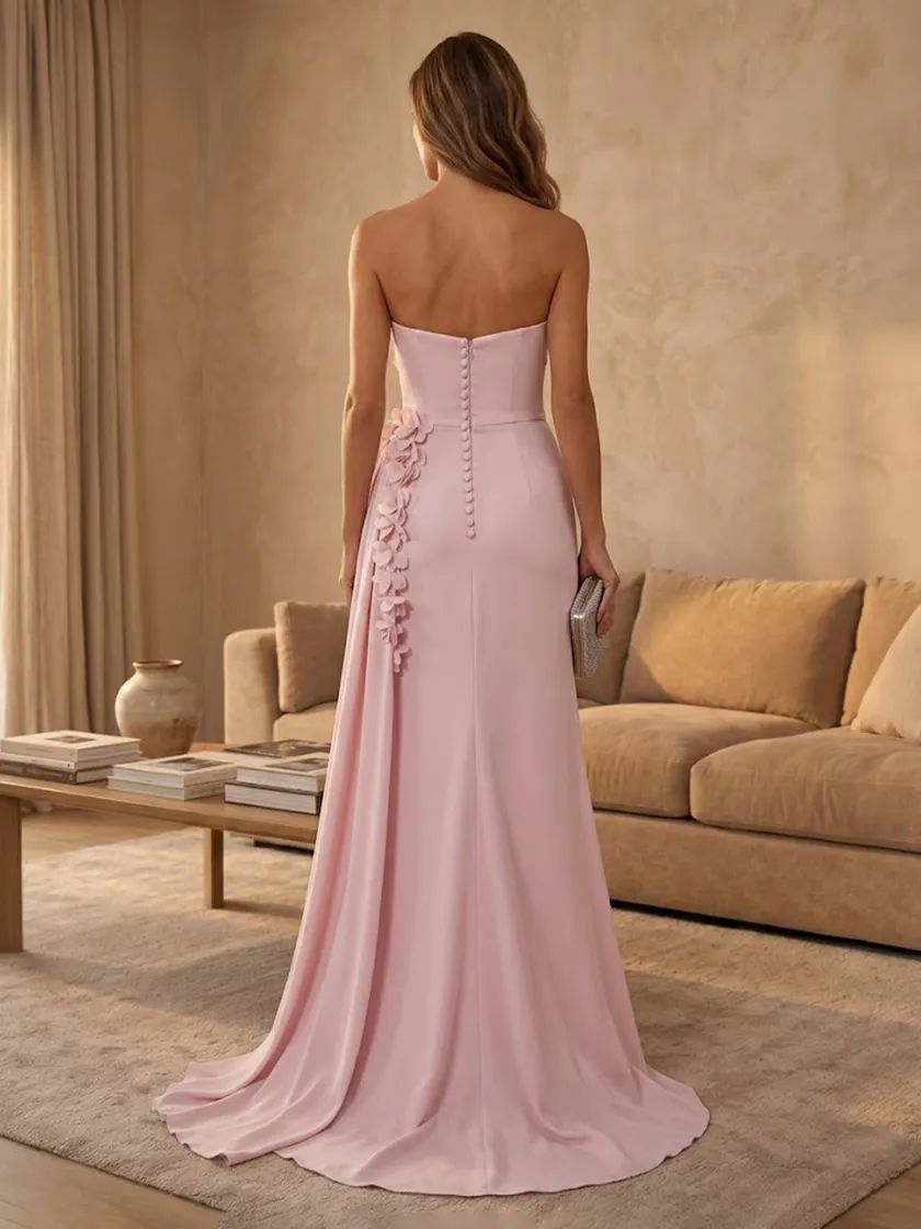 Satin Mermaid Strapless Long Evening Dresses with Slit