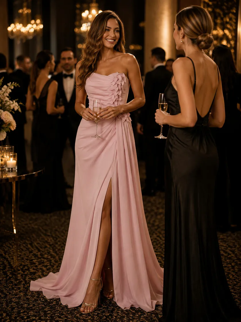 Satin Mermaid Strapless Long Evening Dresses with Slit