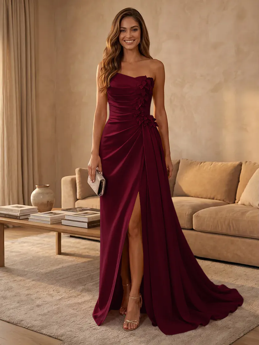 Satin Mermaid Strapless Long Evening Dresses with Slit
