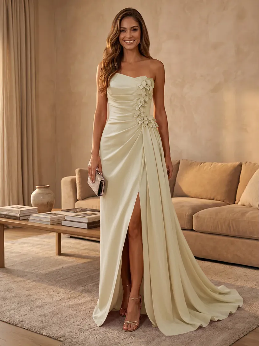 Satin Mermaid Strapless Long Evening Dresses with Slit