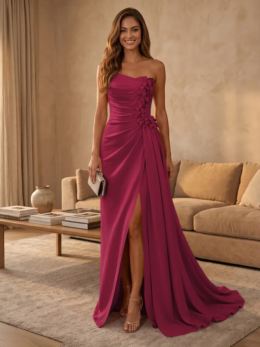 Satin Mermaid Strapless Long Evening Dresses with Slit