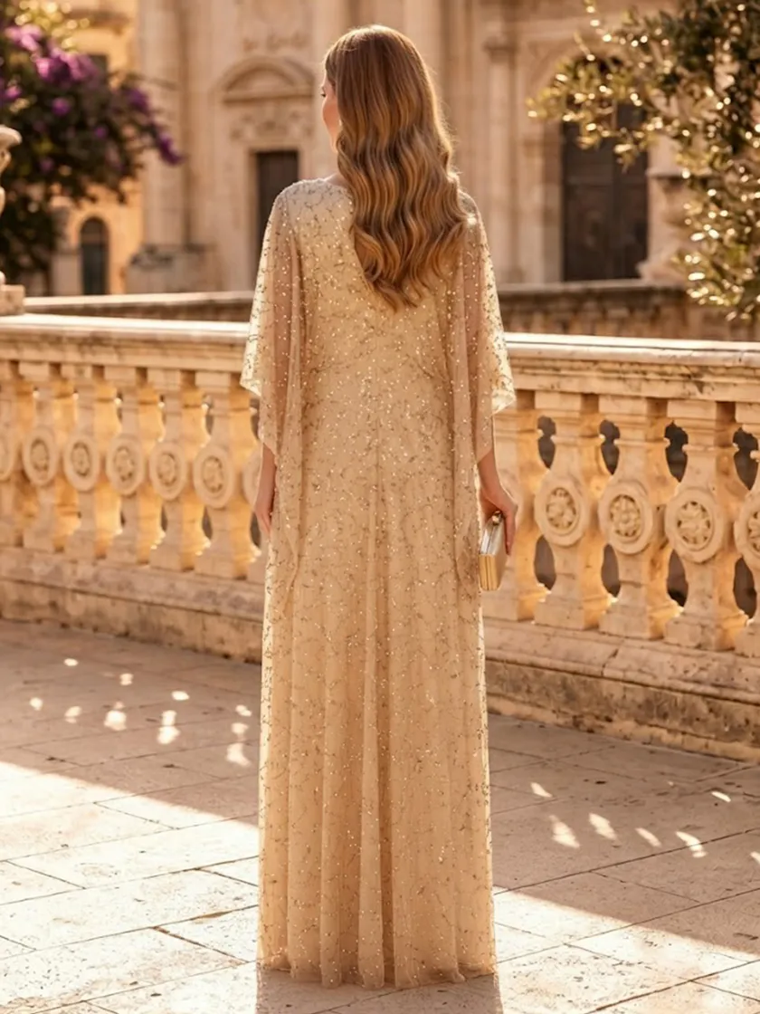 Sequin A Line Boat Neck 3/4 Sleeves Long Evening Dresses
