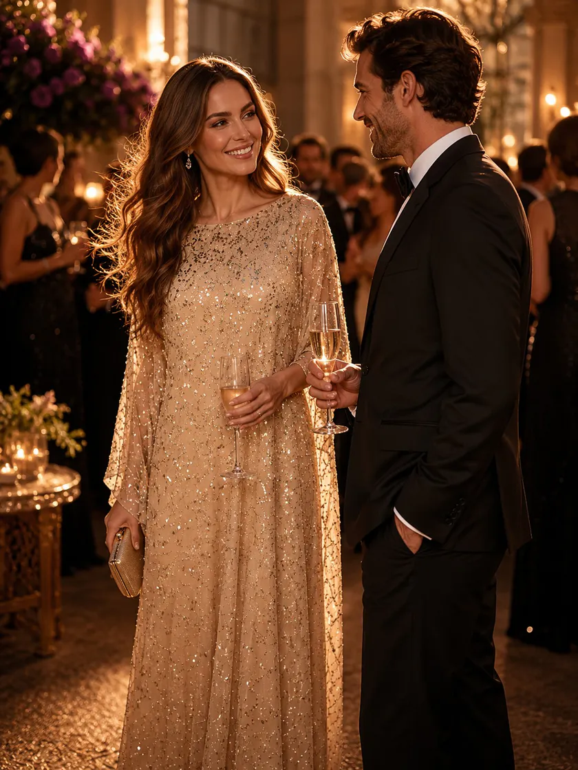 Sequin A Line Boat Neck 3/4 Sleeves Long Evening Dresses