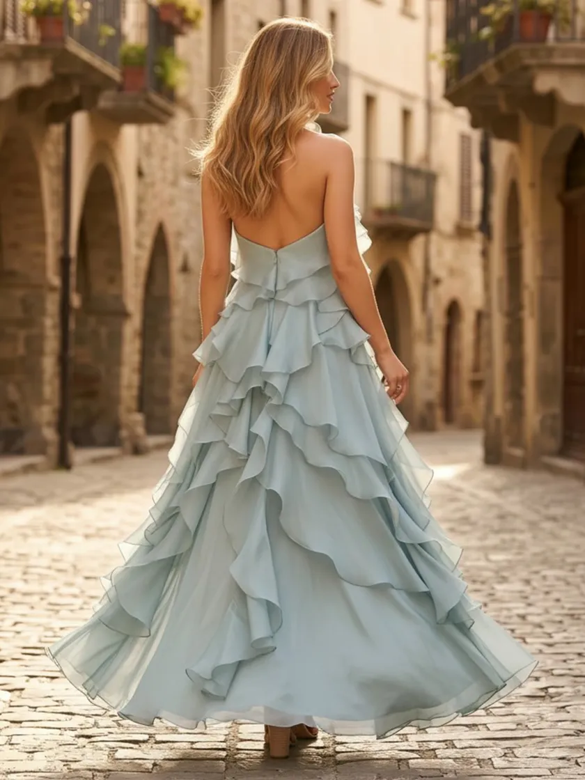 A Line Halter Sleeveless Long Formal Dresses with Flower