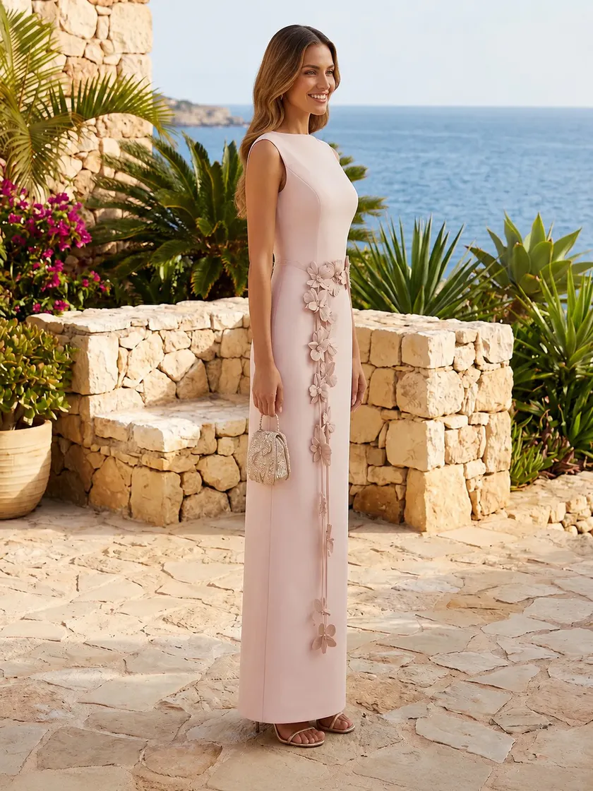 Satin Boat Neck Mermaid Long Formal Dresses with Flower