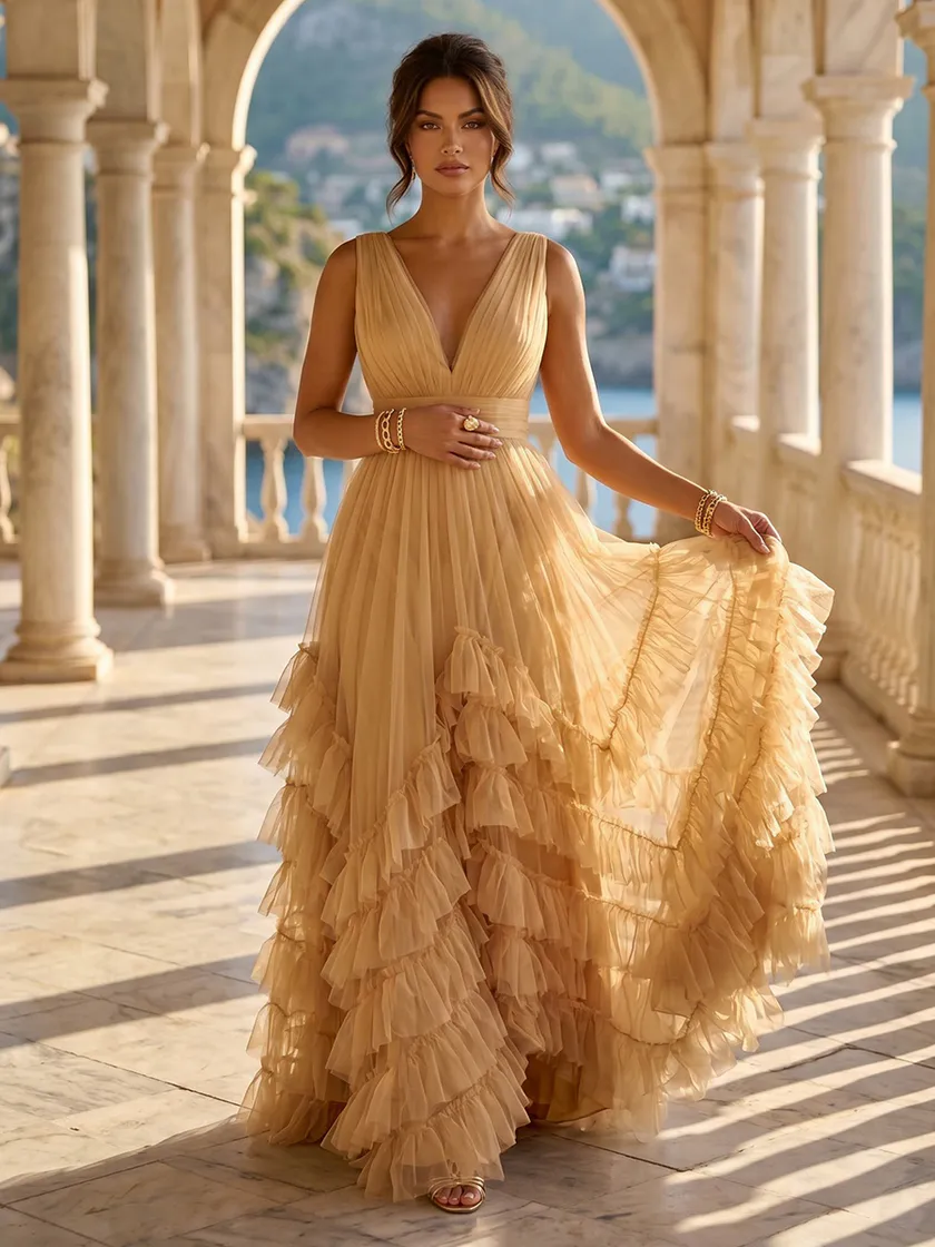 Tulle A Line V Neck Long Formal Dresses with Ruffles