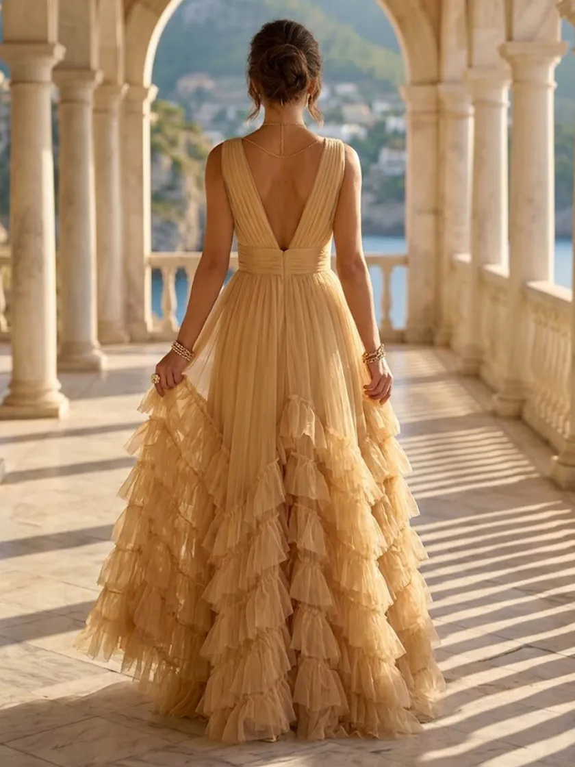 Tulle A Line V Neck Long Formal Dresses with Ruffles
