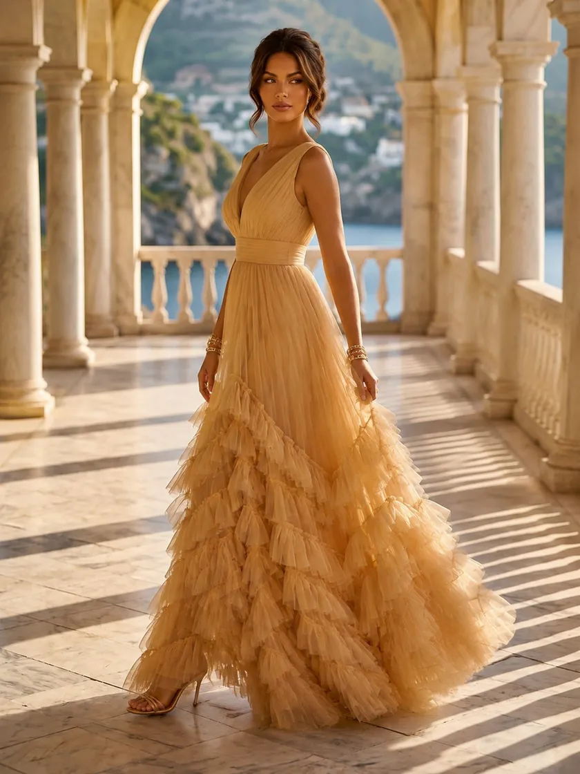 Tulle A Line V Neck Long Formal Dresses with Ruffles