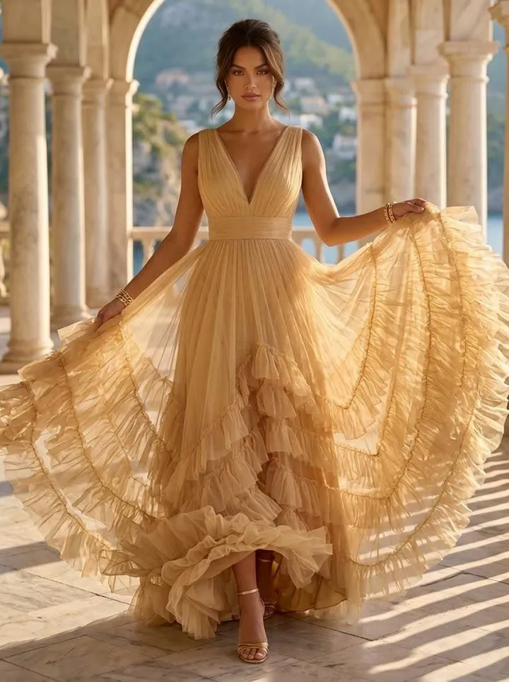 Tulle A Line V Neck Long Formal Dresses with Ruffles