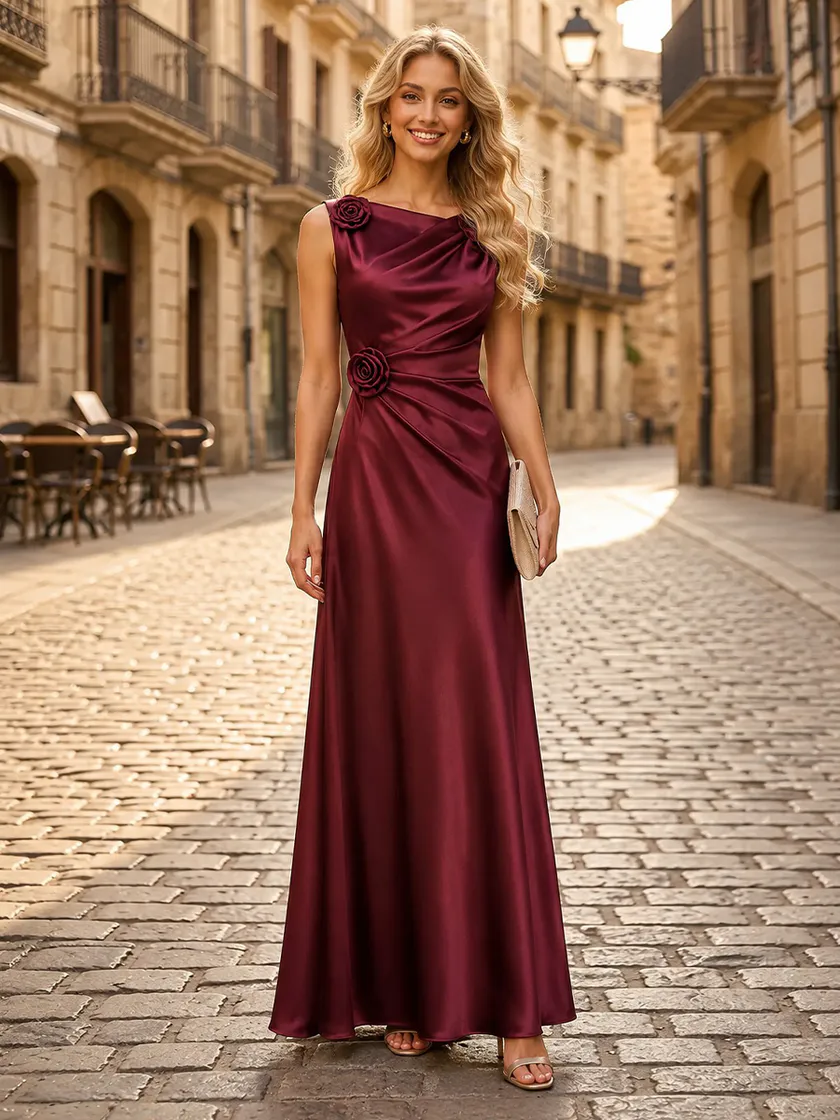 Satin Mermaid Boat Neck Long Formal Dresses with Flowers