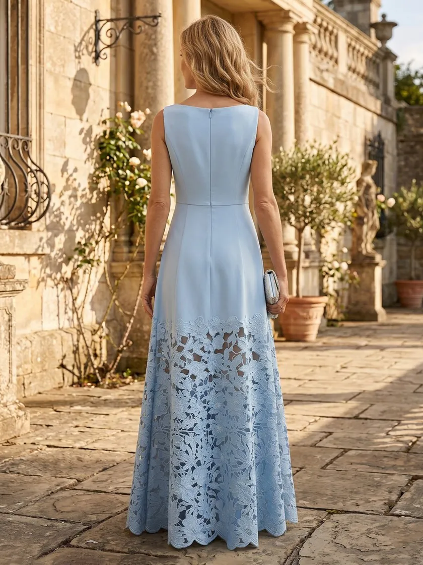 A Line Satin Boat Neck Sleeveless Long Lace Mother of the Bride Dresses