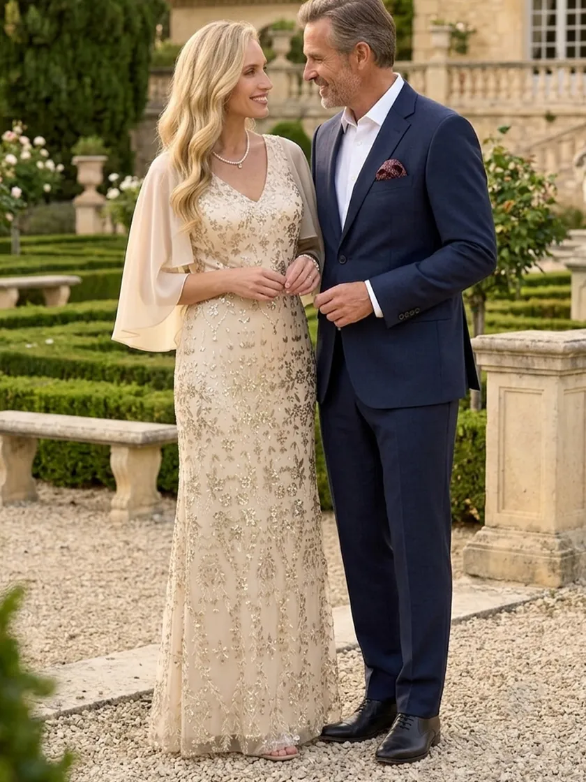 Chiffon V Neck Mermaid Long Mother of the Bride Dresses with Sequin