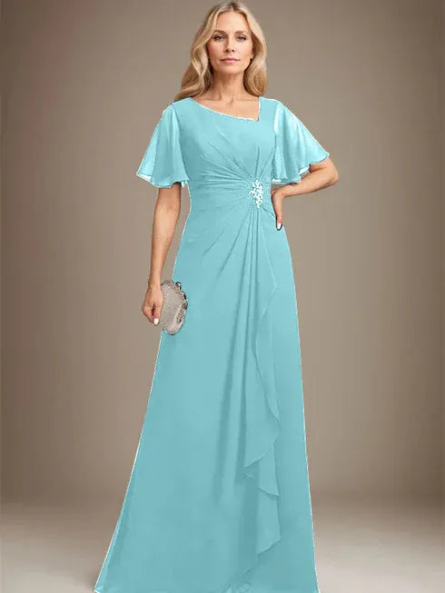 A-line Asymmetrical Floor-Length Chiffon Mother of the Bride Dress With Pleated Beading Sequins