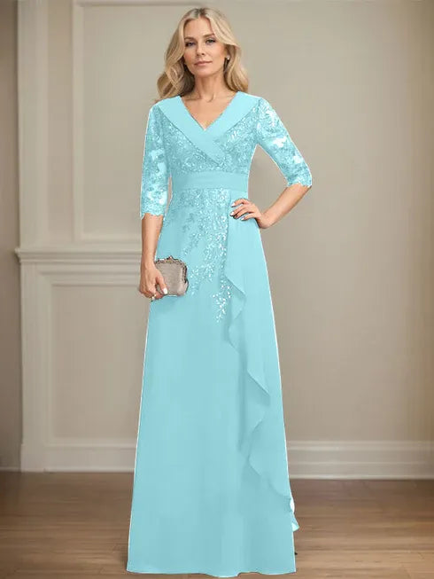 A-line Collared V-Neck Floor-Length Lace Chiffon Mother of the Bride Dress With Sequins Cascading Ruffles