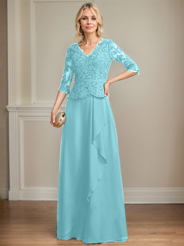 A-line V-Neck Floor-Length Lace Chiffon Mother of the Bride Dress With Cascading Ruffles Sequins