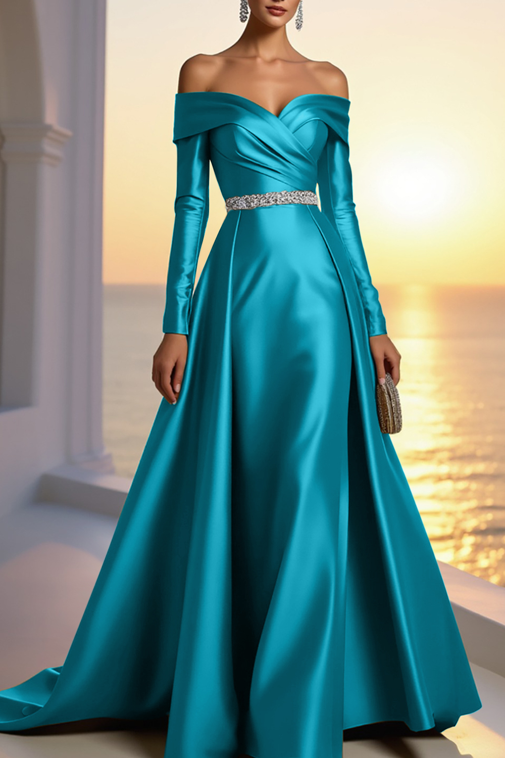 Formal Gold Satin Dress Off The Shoulder Long Sleeve Maxi Gown