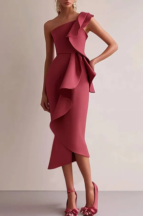 Semi-Formal Party Dress Red One-Shoulder Ruffle Asymmetrical Maxi Dress