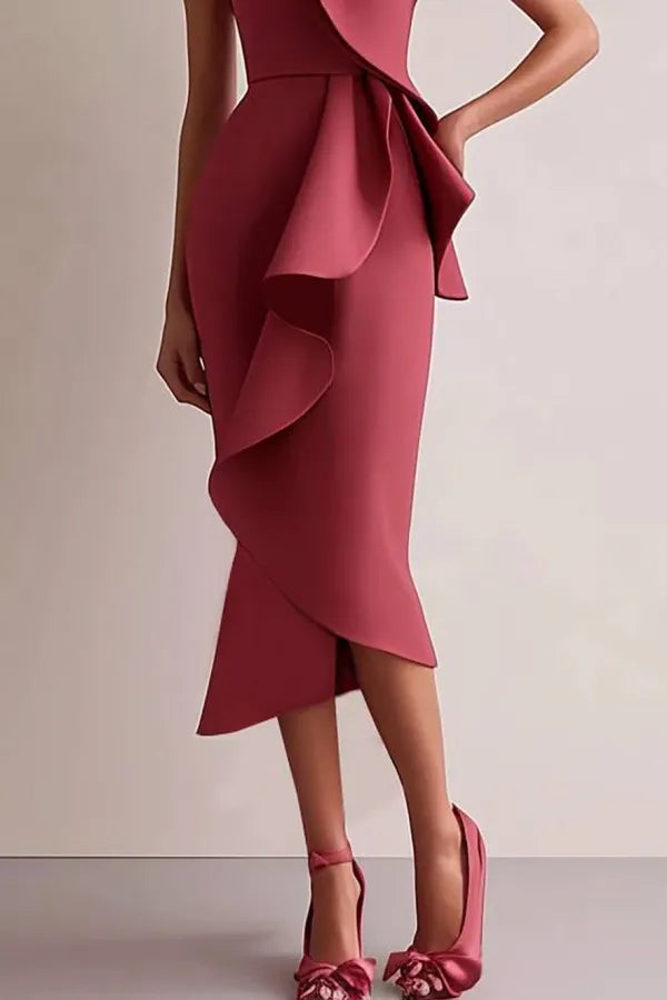 Semi-Formal Party Dress Red One-Shoulder Ruffle Asymmetrical Maxi Dress