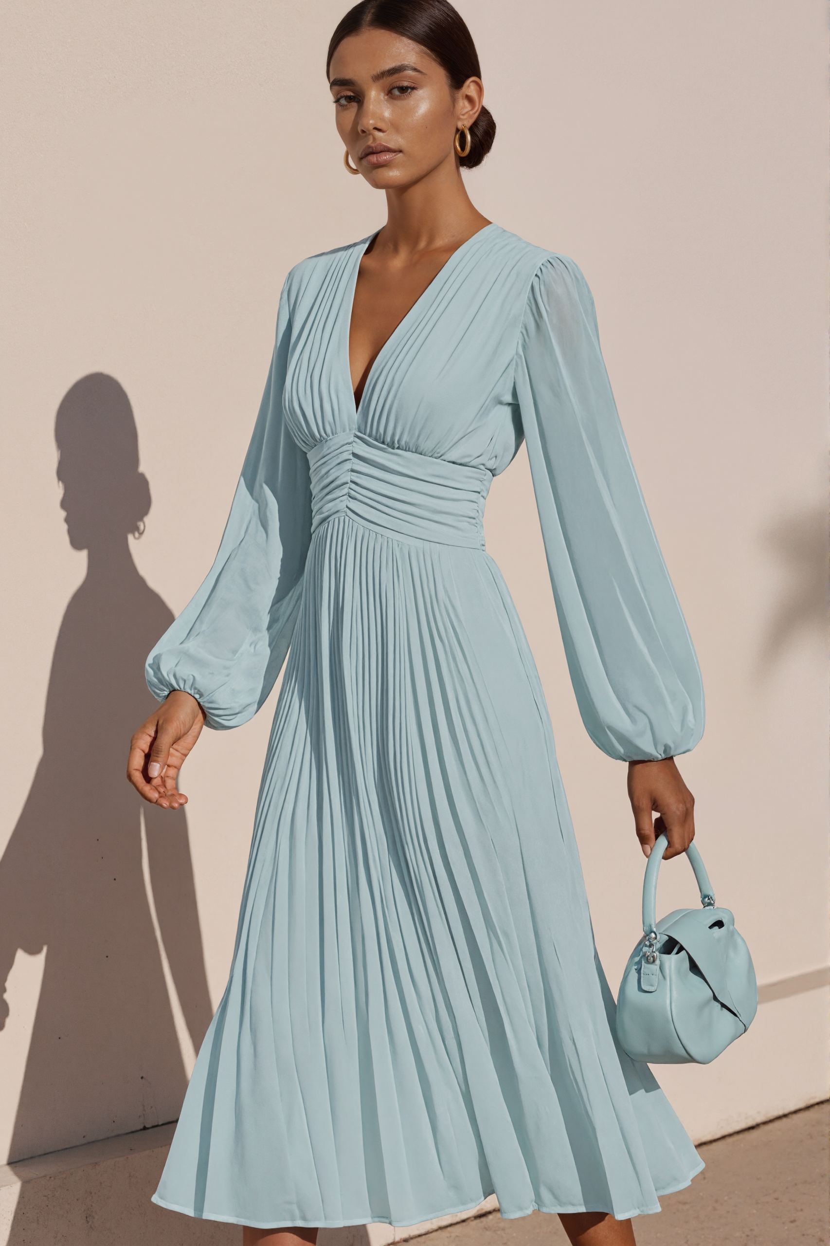 Light Blue Pleated V-Neck Long Sleeve Midi Dress