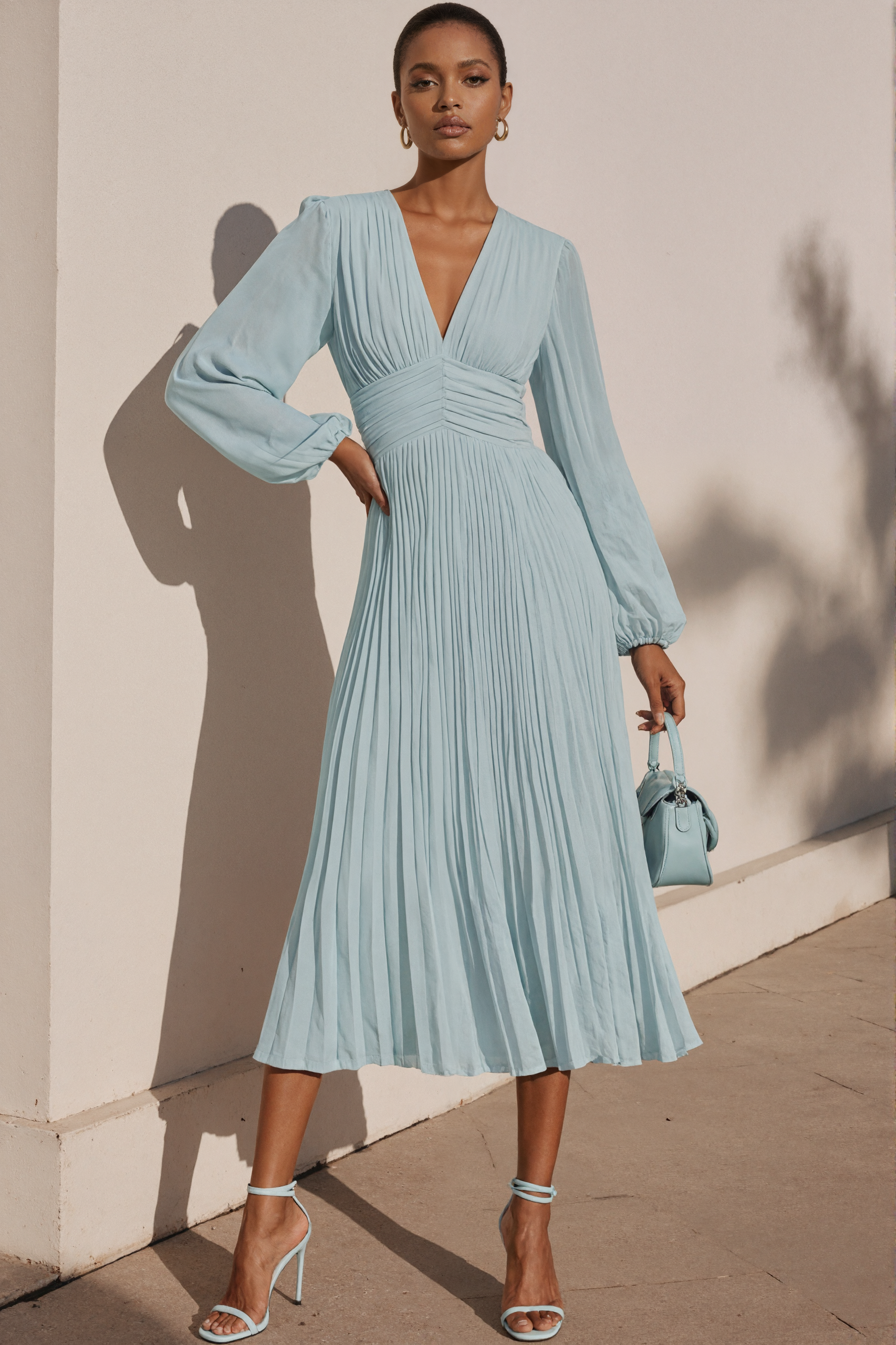 Light Blue Pleated V-Neck Long Sleeve Midi Dress