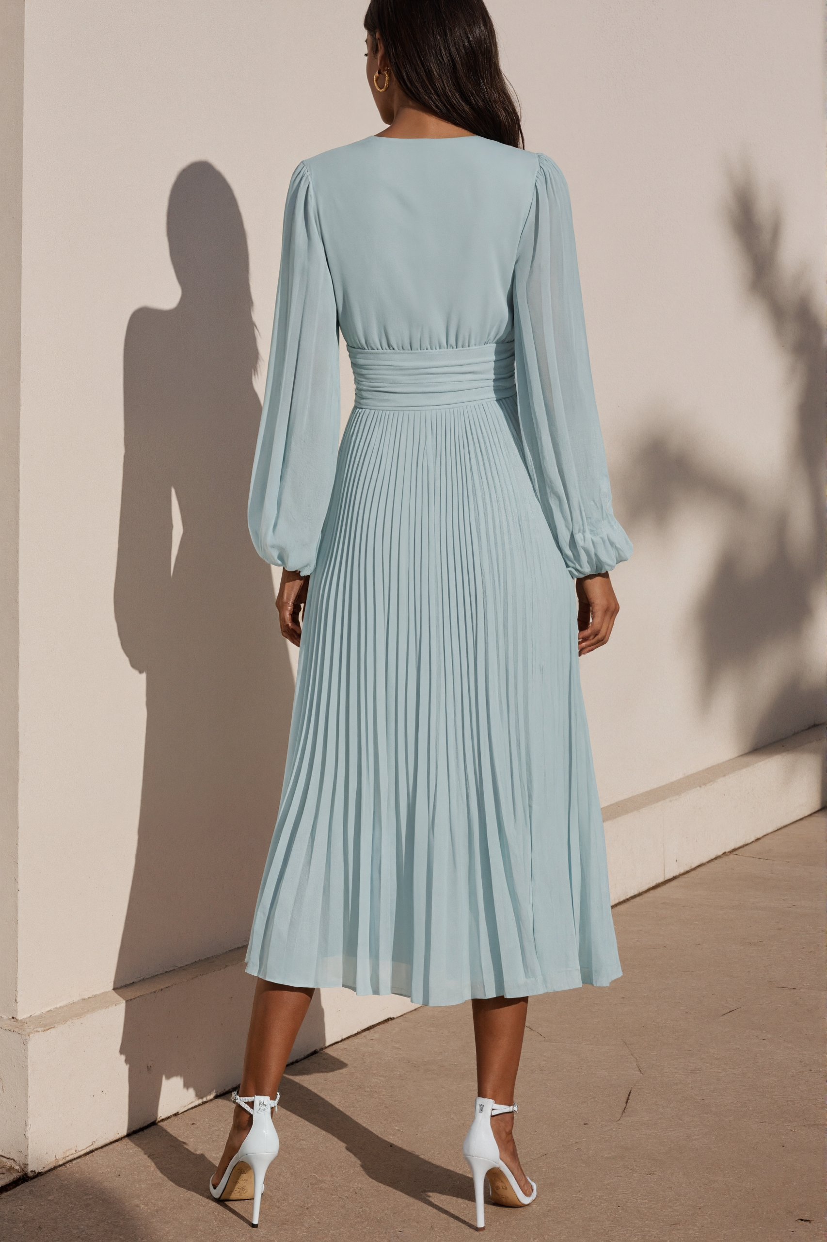 Light Blue Pleated V-Neck Long Sleeve Midi Dress