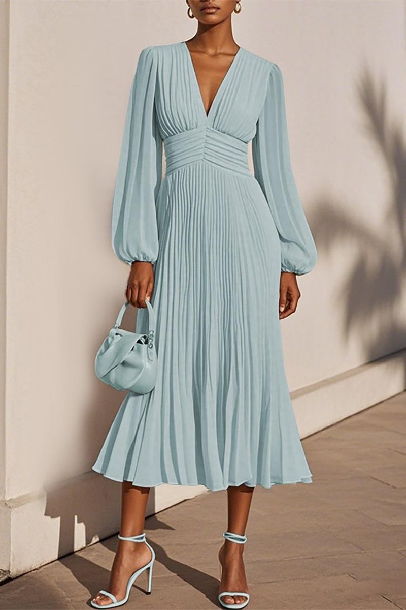 Light Blue Pleated V-Neck Long Sleeve Midi Dress