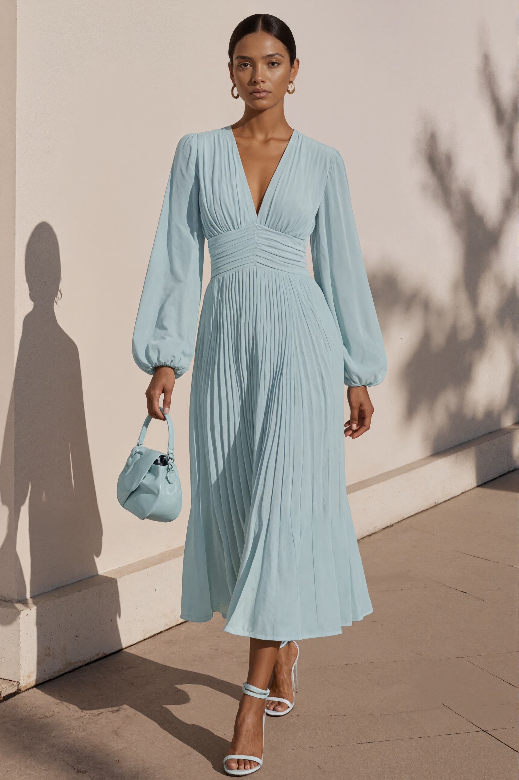 Light Blue Pleated V-Neck Long Sleeve Midi Dress