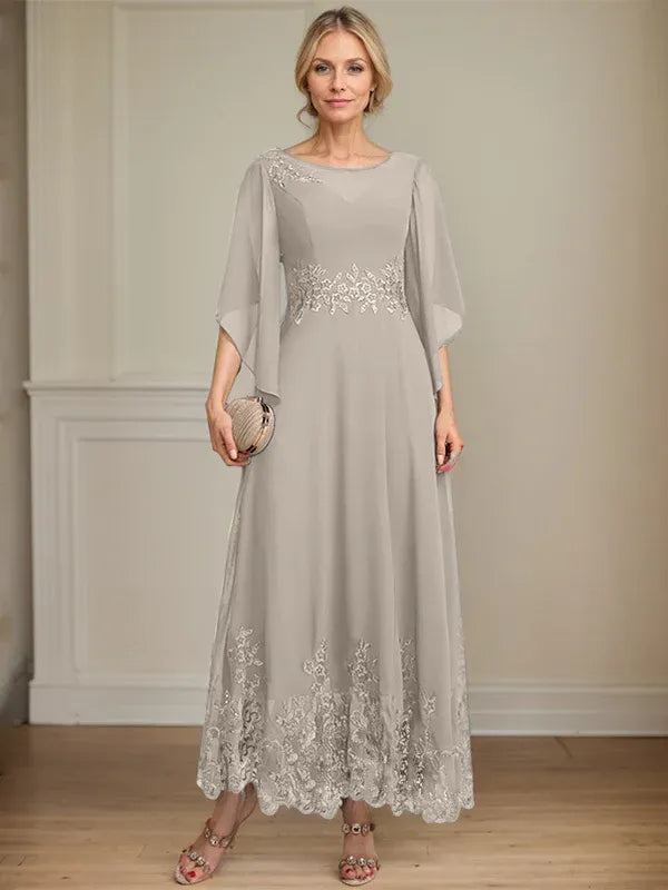 A-line Scoop Illusion Ankle-Length Lace Chiffon Mother of the Bride Dress With Sequins