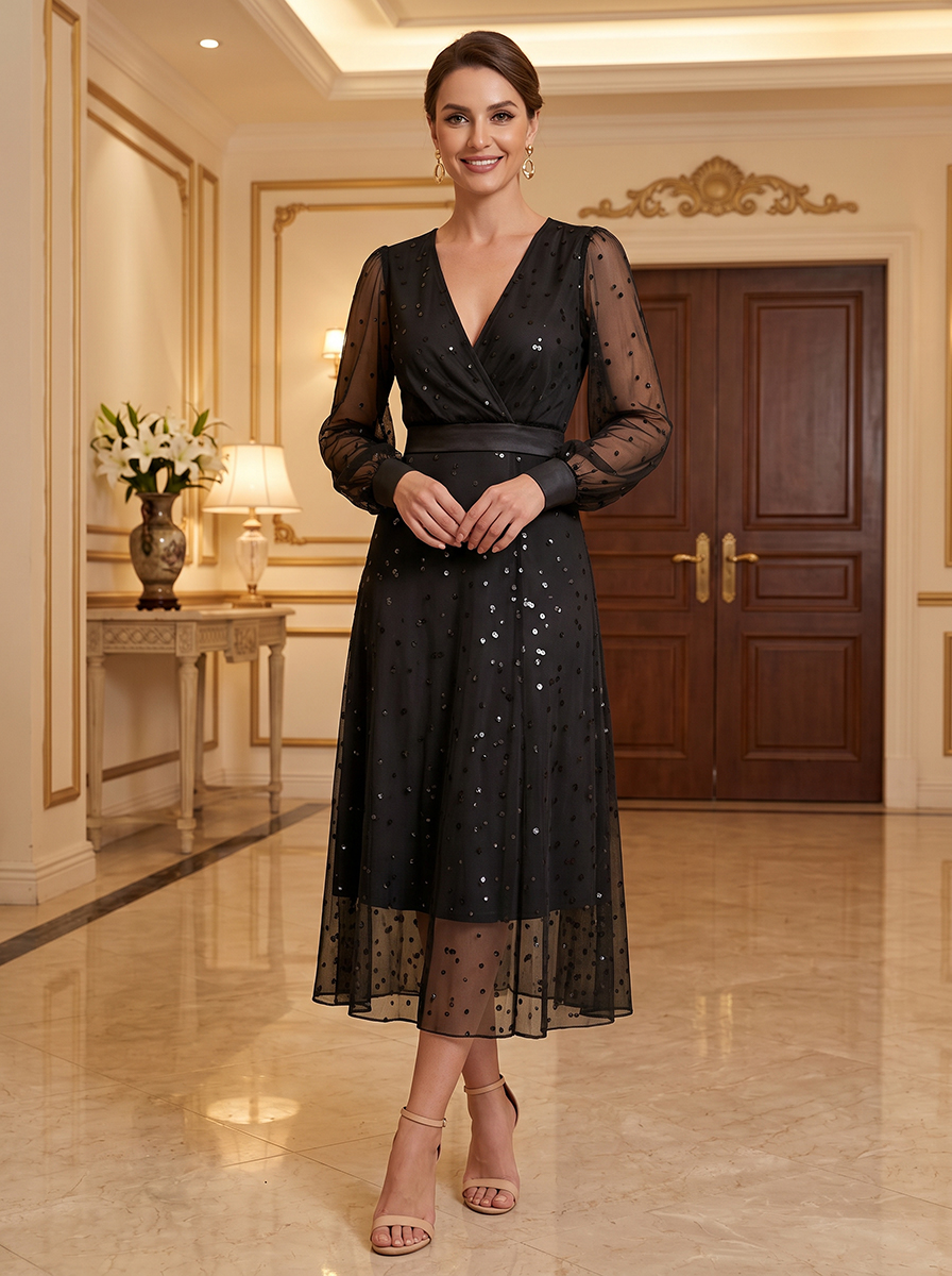 V-Neck Long Sleeve Sequin Tulle Midi Dress