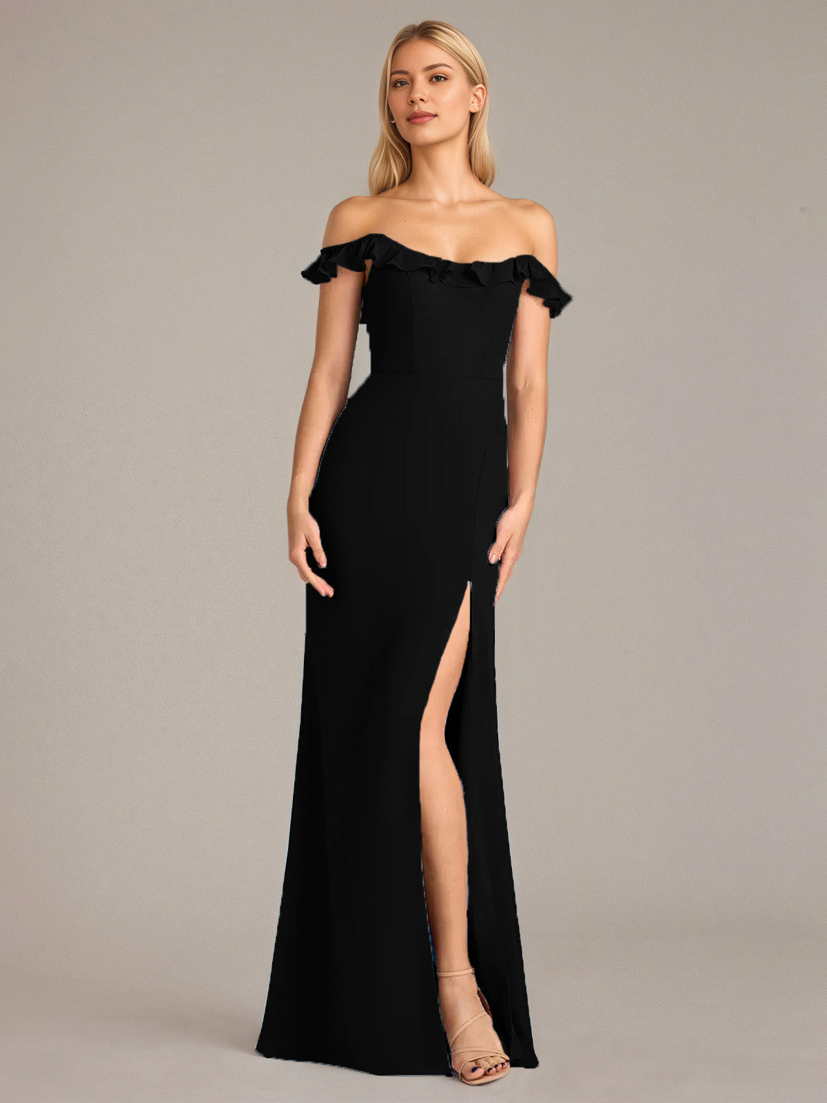 Sheath/Column Chiffon Off The Shoulder Sleeveless Floor Length Dresses With Ruffles