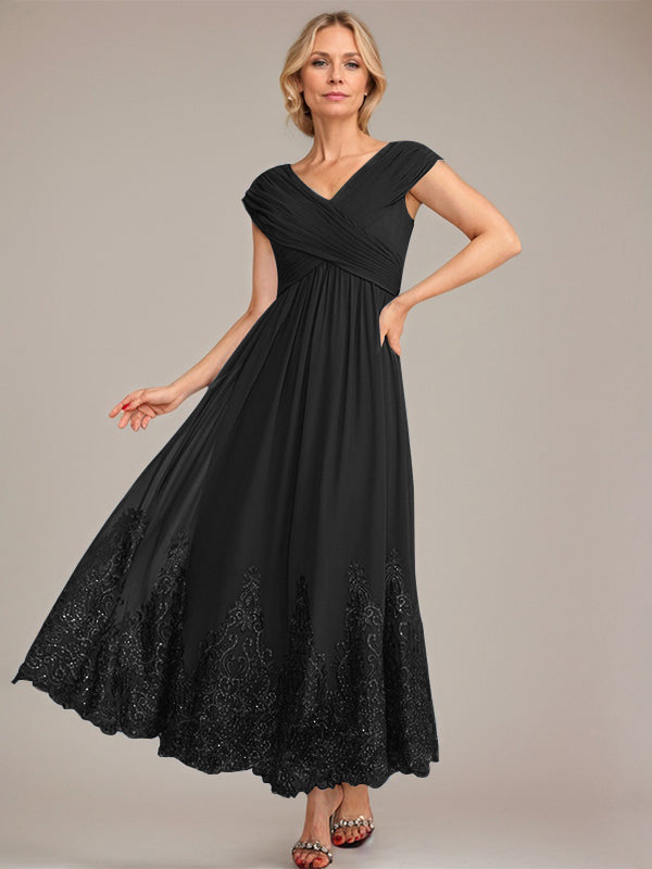 A-line V-Neck Ankle-Length Chiffon Mother of the Bride Dress With Applique Sequins