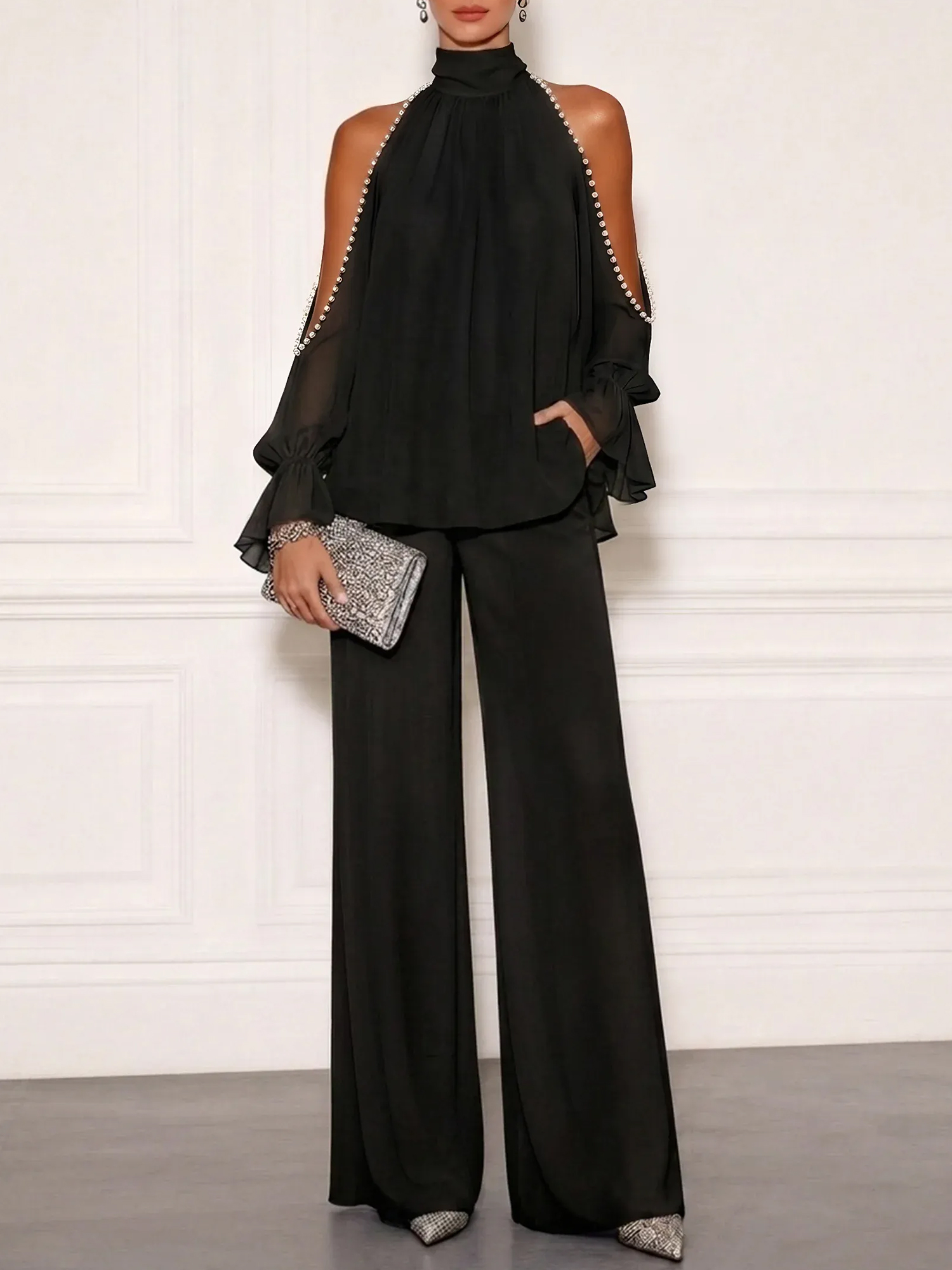 Sophisticated Embellished Cold-Shoulder Jumpsuit
