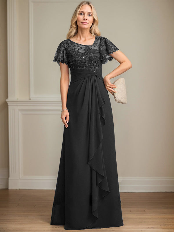 A-line Asymmetrical Illusion Floor-Length Lace Chiffon Mother of the Bride Dress With Cascading Ruffles Sequins