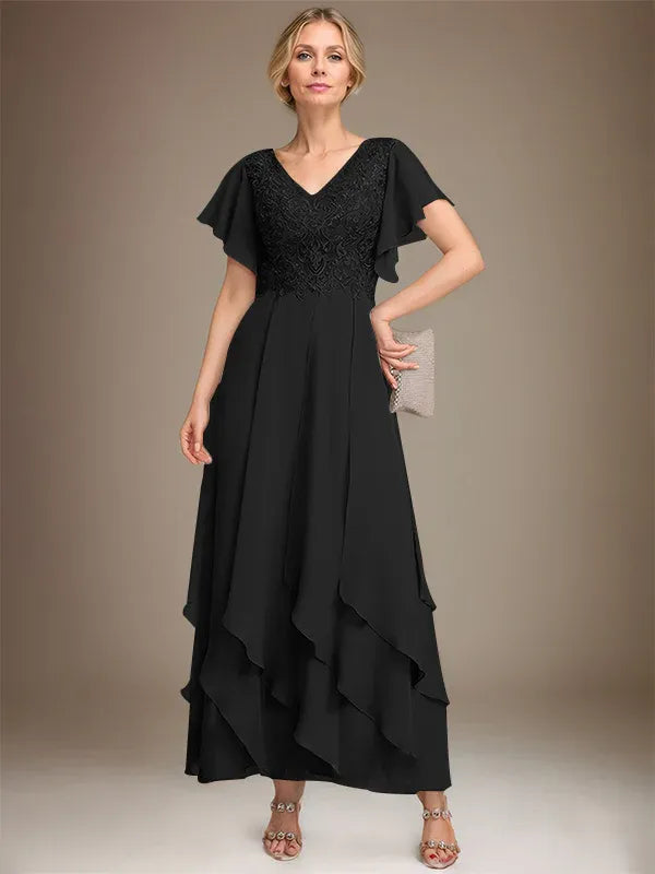 A-line V-Neck Ankle-Length Lace Chiffon Mother of the Bride Dress With Cascading Ruffles