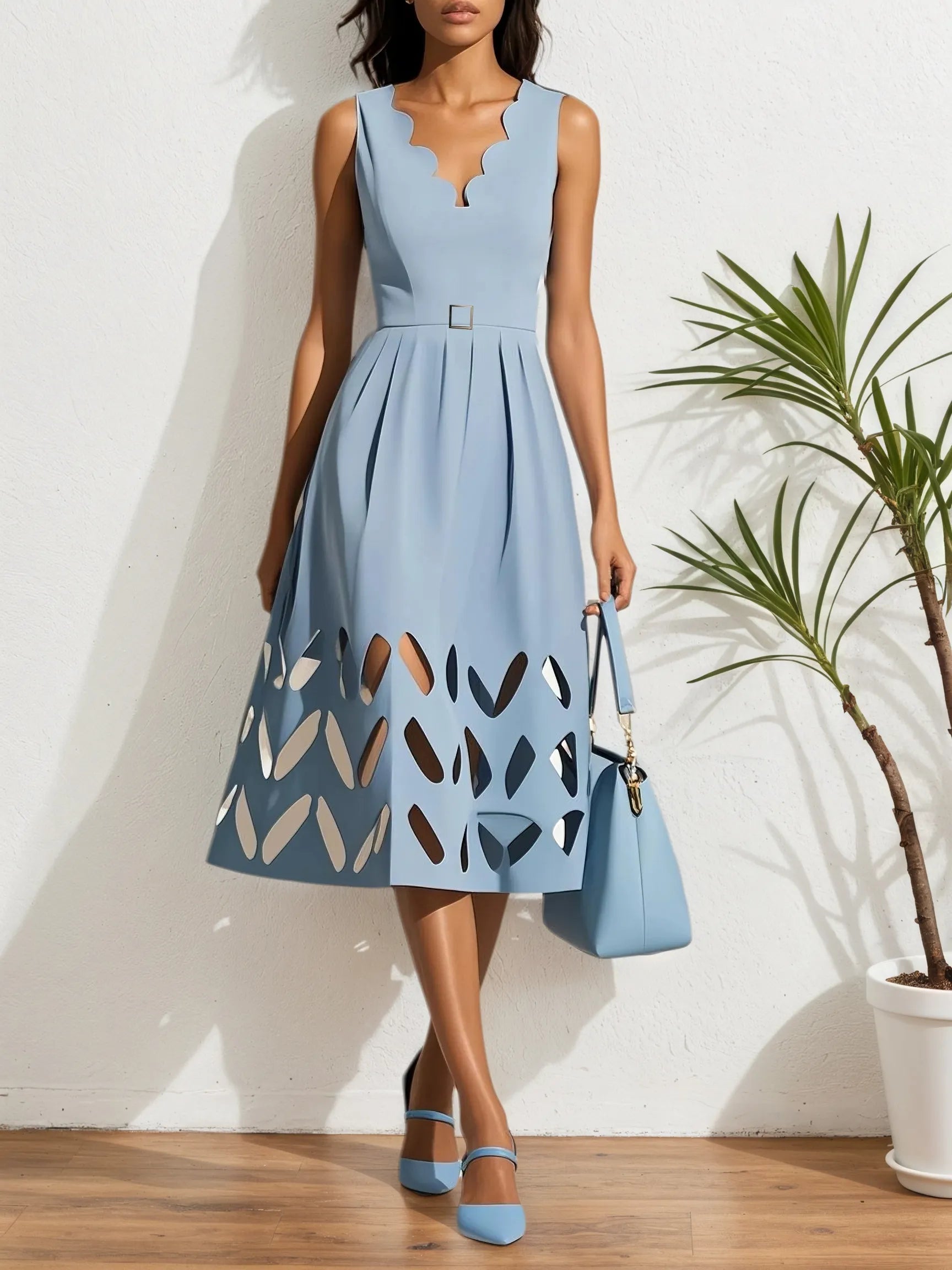 Black Devore Classic V Neck Sleeveless A-Line Midi Dress