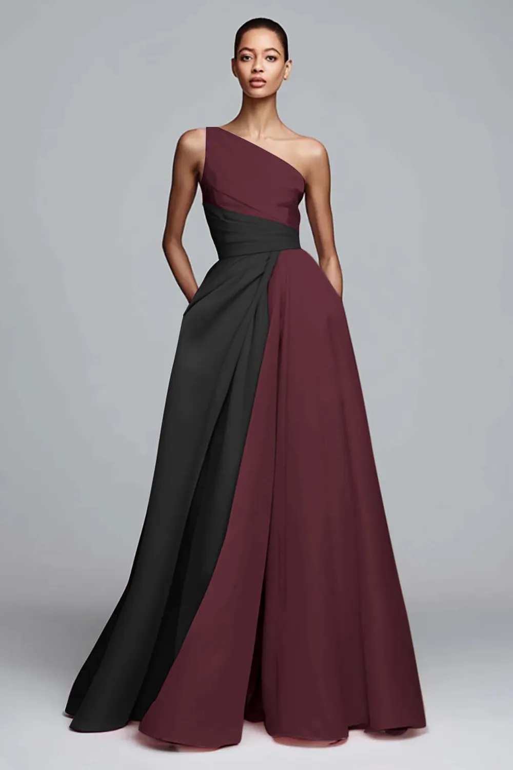 One-Shoulder Two-Tone Pleated A-Line Evening Gown with Pockets