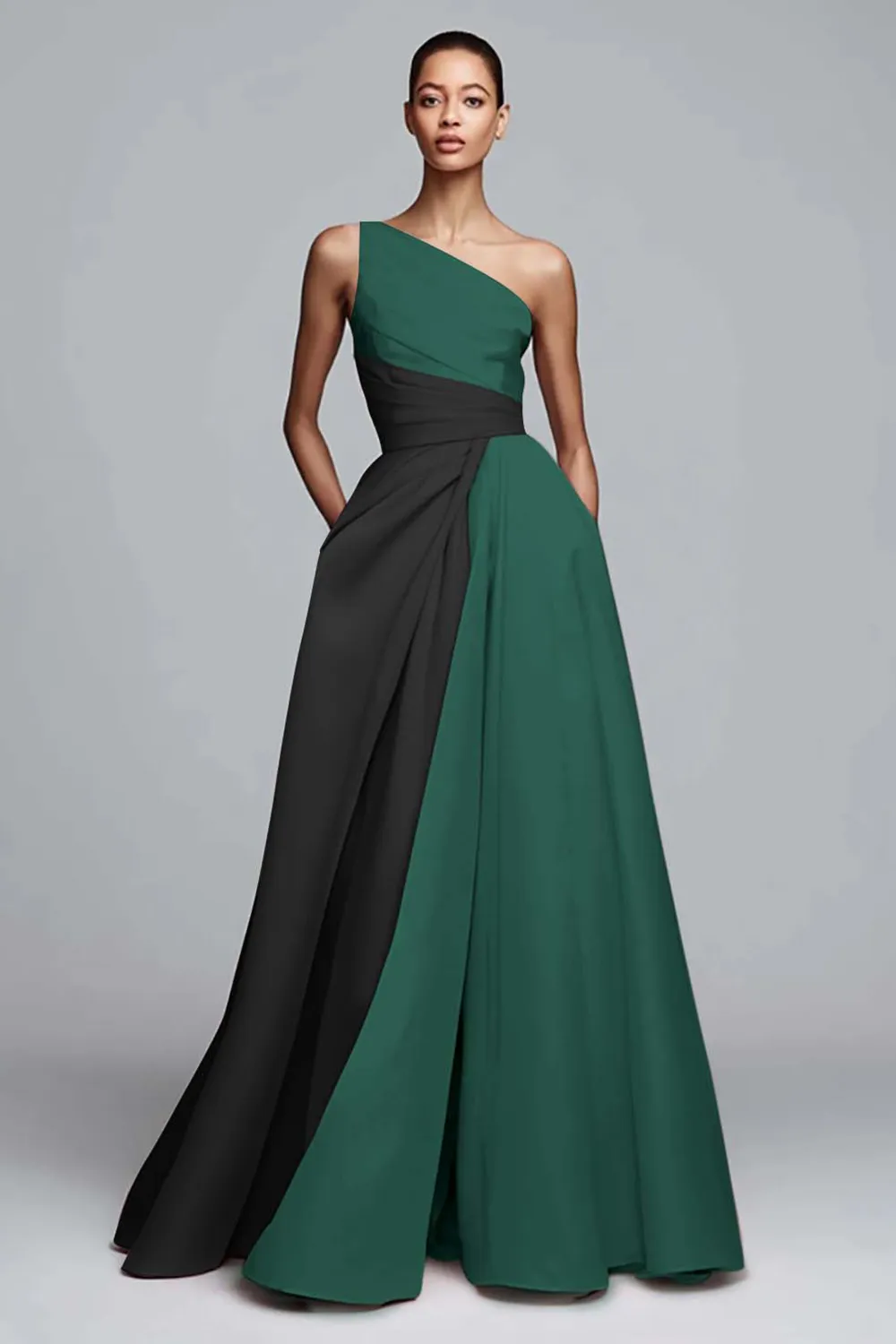 One-Shoulder Two-Tone Pleated A-Line Evening Gown with Pockets