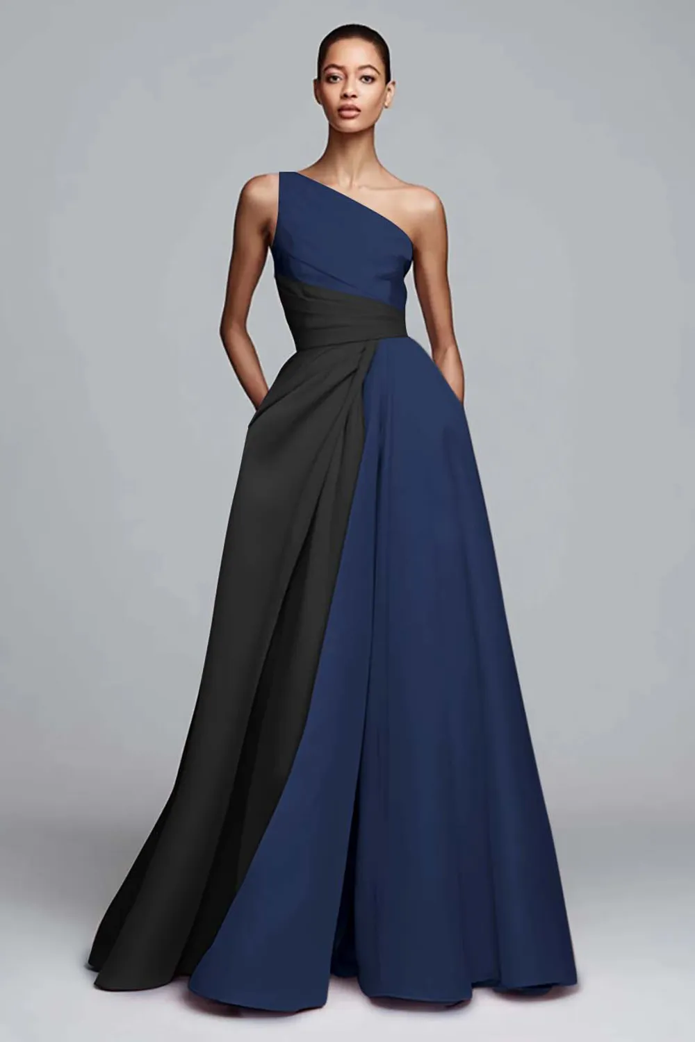 One-Shoulder Two-Tone Pleated A-Line Evening Gown with Pockets