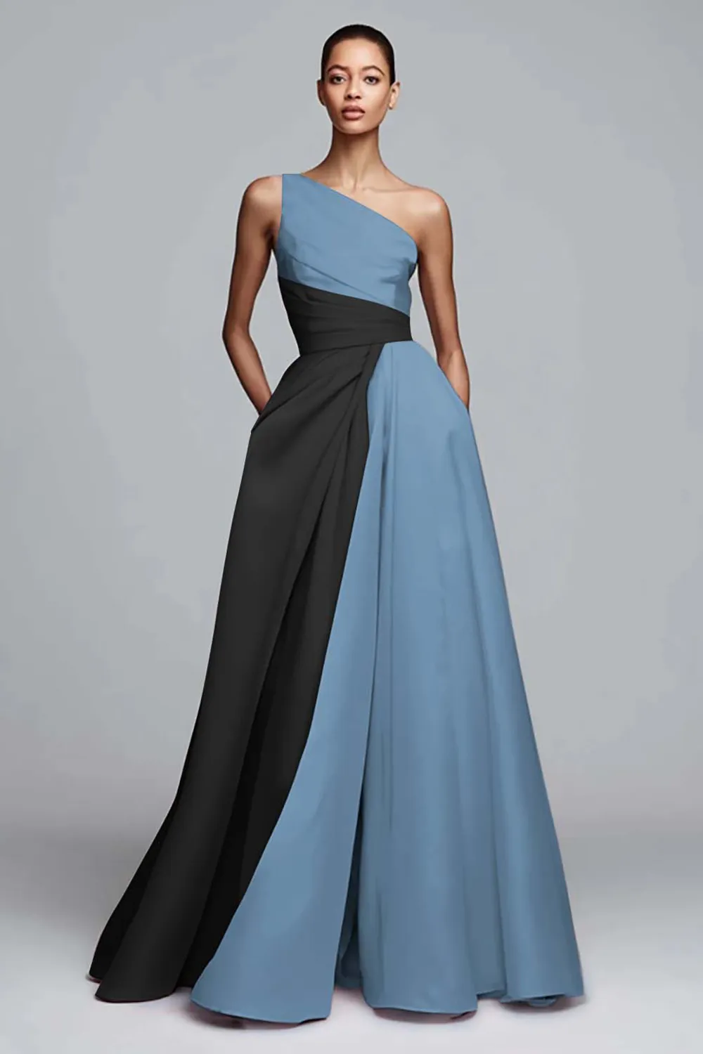 One-Shoulder Two-Tone Pleated A-Line Evening Gown with Pockets