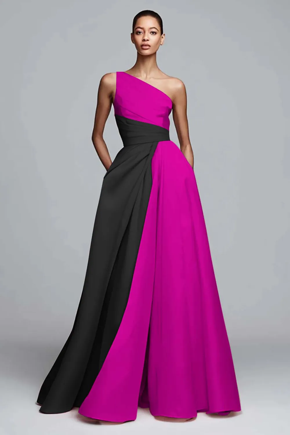 One-Shoulder Two-Tone Pleated A-Line Evening Gown with Pockets