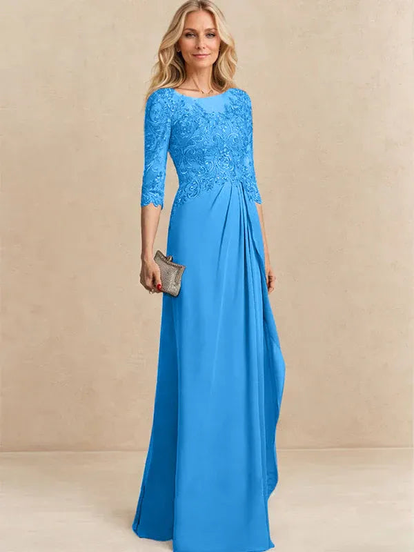 A-line Scoop Illusion Floor-Length Chiffon Lace Mother of the Bride Dress With Beading Sequins Cascading Ruffles